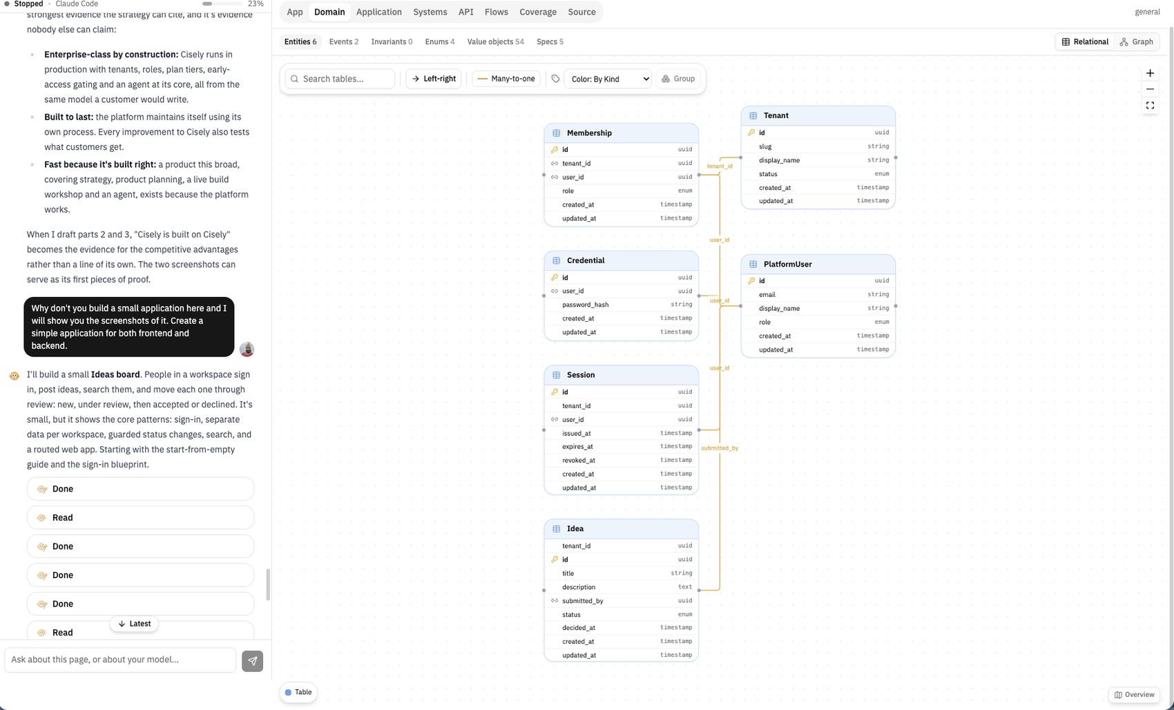The Domain lens of the Workshop: entities and the relationships between them, with the agent conversation alongside.